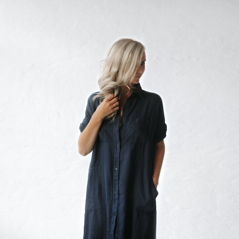 Long Linen shirt dress | Navy – The ...